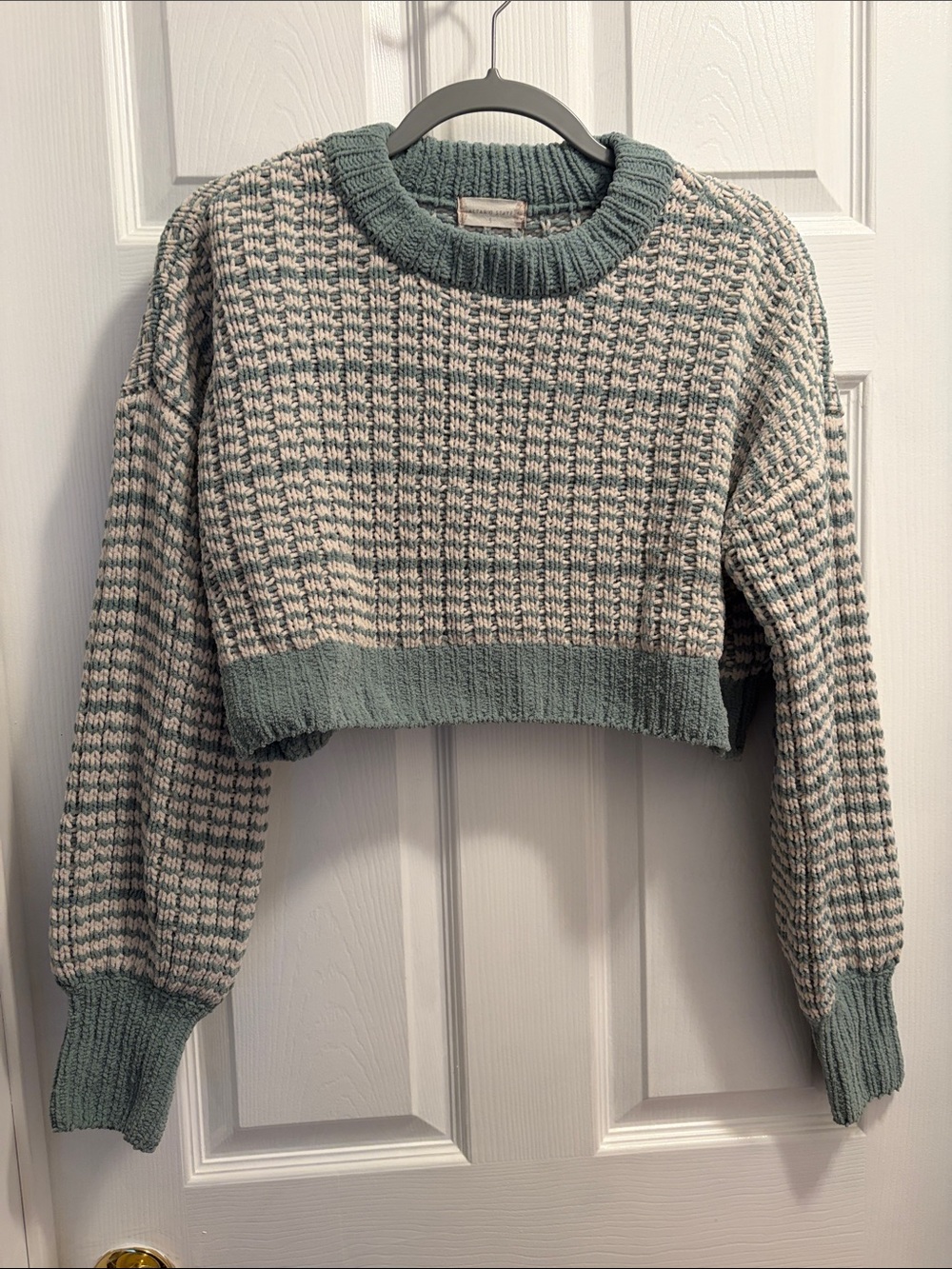 Altar'd State Cropped Crewneck Sweater in Sage Green and Cream